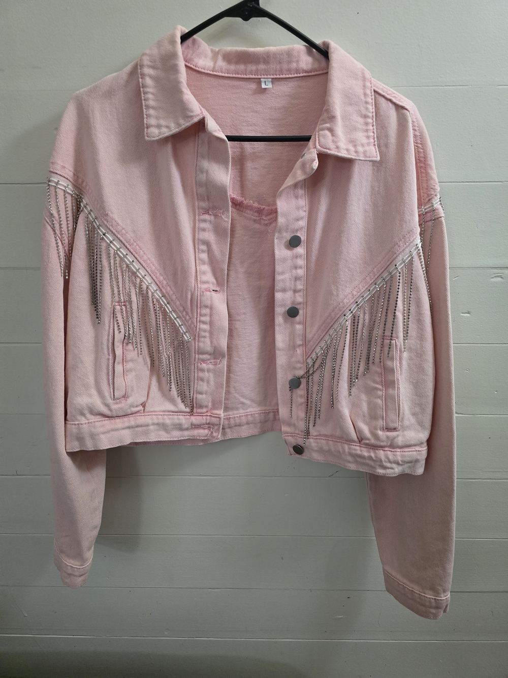 Pink Fringe Denim Jacket - Women's Casual Crop Jacket